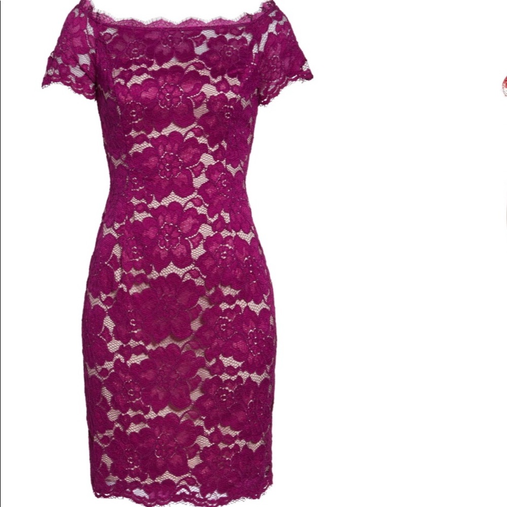 Adrianna Papell off the shoulder lace sheath dress